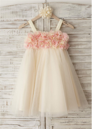 Thin Straps Champagne Tulle Floral Flower Girl Dress